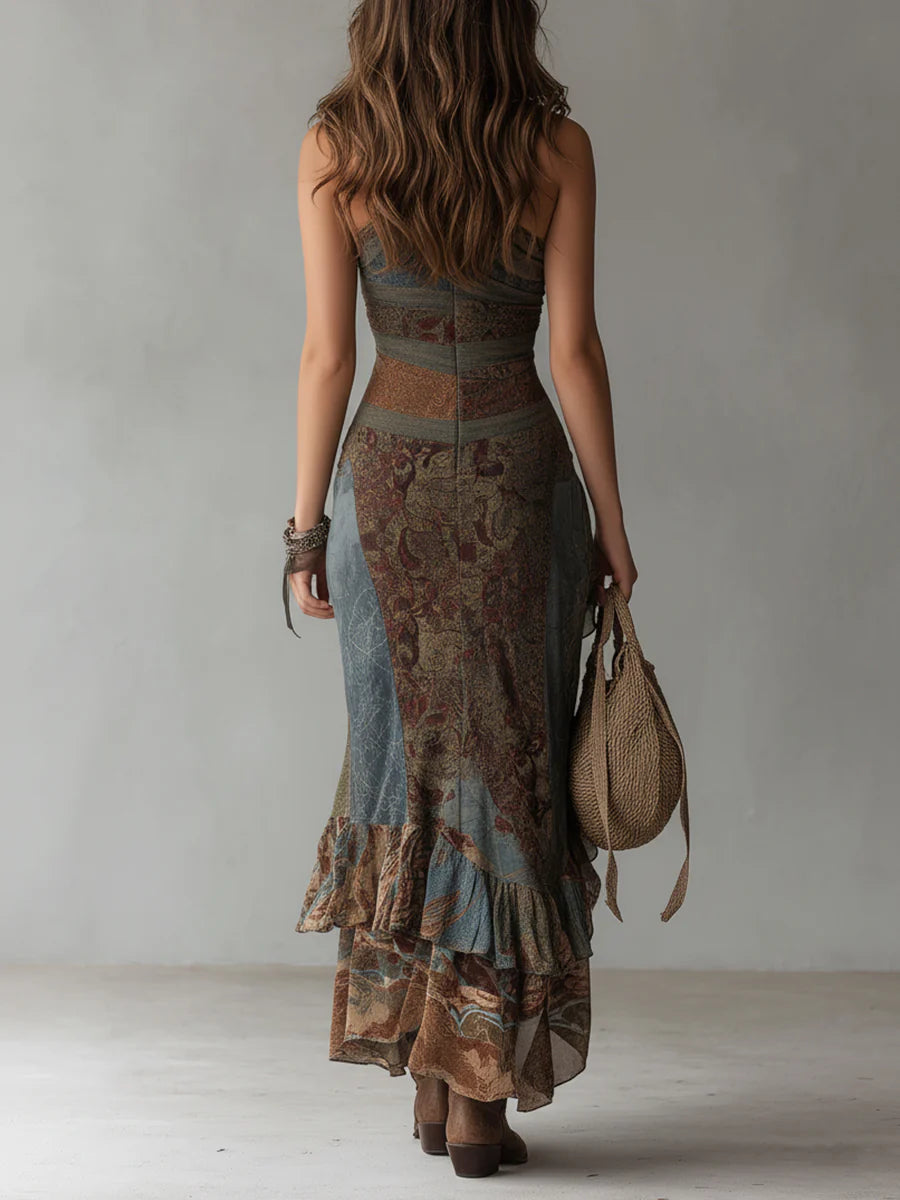 Émeline | Robe longue asymétrique imprimée style ethnique à fente haute