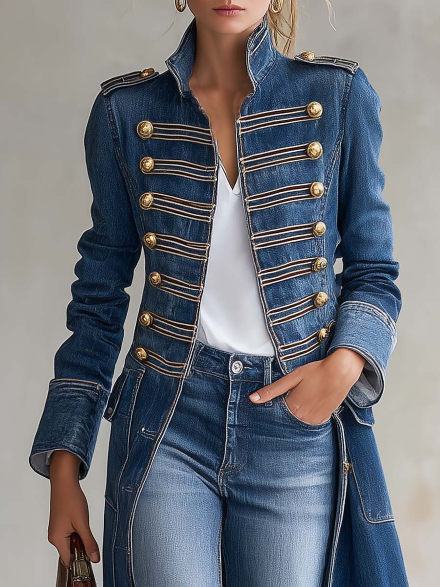 Ghislaine | Manteau Long en Jean Style Officier à Boutons Dorés