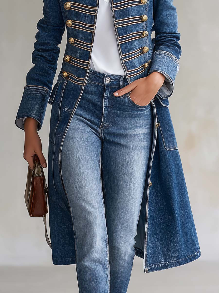 Ghislaine | Manteau Long en Jean Style Officier à Boutons Dorés
