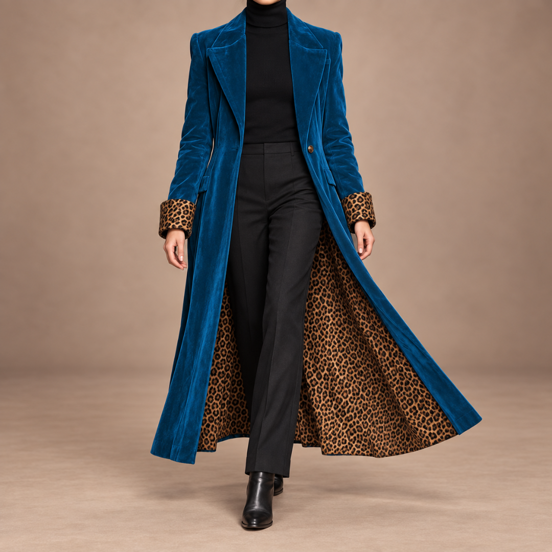 Valentine | Manteau Long Effet Velours Doublure Léopard